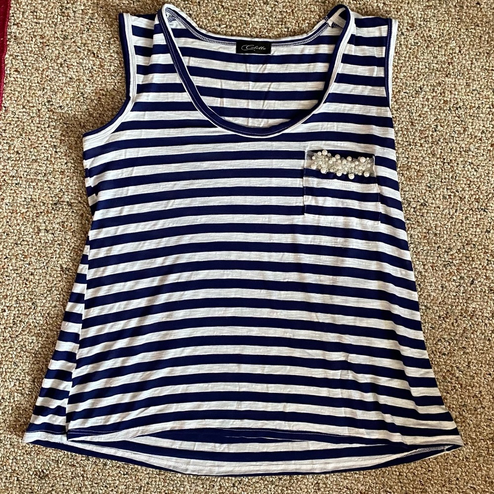 Navy Blue and White Striped Tank Top Size L
